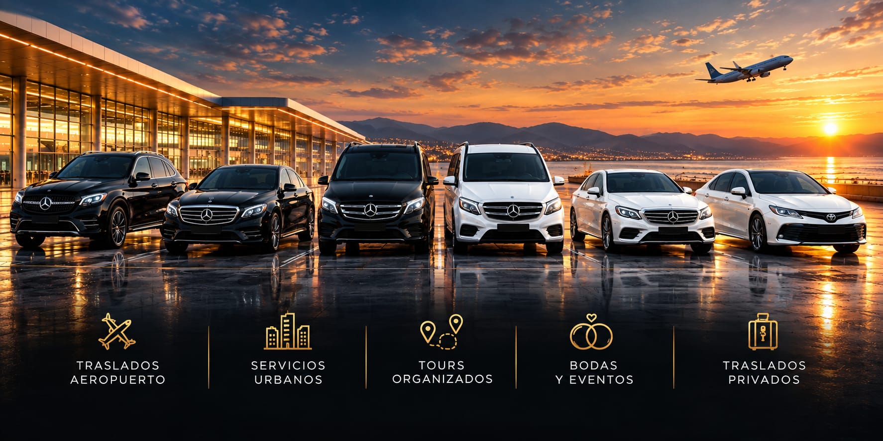 Flota NorthDriver: SUV, sedanes y minivans Mercedes y Toyota frente a la terminal del aeropuerto al atardecer, con iconos de traslados aeropuerto, servicios urbanos, tours organizados, bodas y eventos, y traslados privados